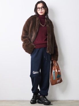 「CHIC STYLE（シックスタイル）のノーカラーファージャケット＜大きいサイズ有＞シックスタイル（ノーカラージャケット、ブラウン系）」を使った、ZOZO_SMILELAND_STAFFさん（レディース・163cm）の秋コーディネート