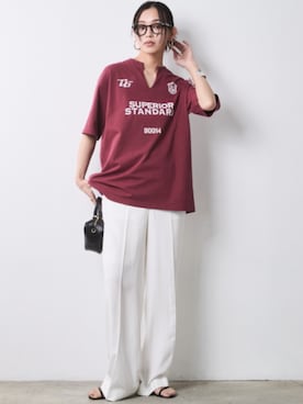 「CHIC STYLE（シックスタイル）のレーヨン麻リラックスワイドパンツ＜大きいサイズ有＞シックスタイル（スラックス、ホワイト系）」を使った、ZOZO_SMILELAND_STAFFさん（レディース・163cm）の春コーディネート