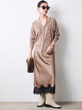 「CHIC STYLE（シックスタイル）のレオパードプリントVネックニットカーディガン＜大きいサイズ有＞シックスタイル（カーディガン/ボレロ、ブラウン系）」を使った、ZOZO_SMILELAND_STAFFさん（レディース・163cm）の秋コーディネート