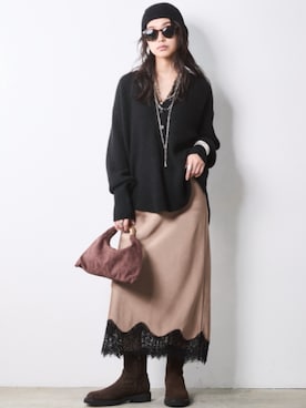 「CHIC STYLE（シックスタイル）の畦編みヘンリーネックニットプルオーバー＜大きいサイズ有＞シックスタイル（ニット/セーター、ブラック系）」を使った、ZOZO_SMILELAND_STAFFさん（レディース・163cm）の秋コーディネート