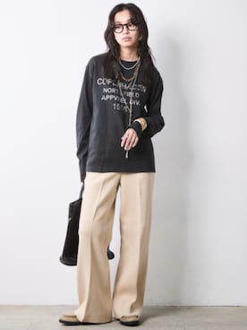 「CHIC STYLE（シックスタイル）のニットワイドストレートパンツ＜大きいサイズ有＞シックスタイル（その他パンツ、ベージュ系）」を使った、ZOZO_SMILELAND_STAFFさん（レディース・163cm）の秋コーディネート