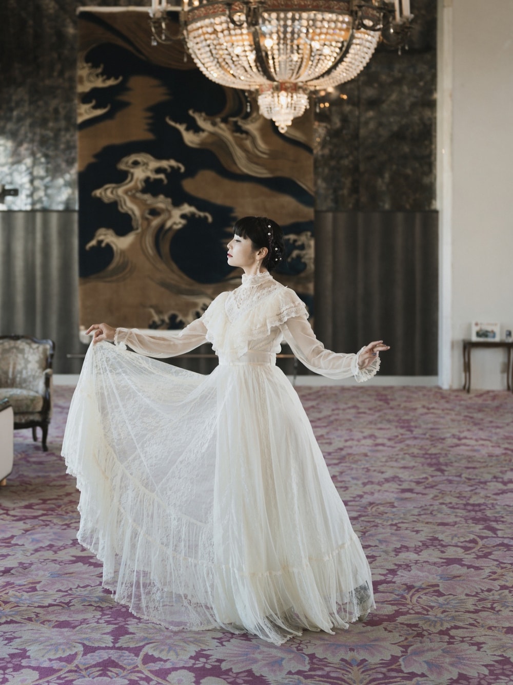 「gunnesax、GUNNE SAX、ガニーサックス、ドレス、dress、ヴィンテージドレス、vintagedress、vintagefashion、ヴィンテージ好きな人と繋がりたい、ヴィンテージガーリー、レトロガール、レトロ、アンティーク風、好きな服を着隊、我が道をゆく隊」｜「GUNNESAXのアイテム（ドレス、ホワイト系）」を使った、inevitable1996さん（レディース・163cm）の夏コーディネートの1枚目の写真