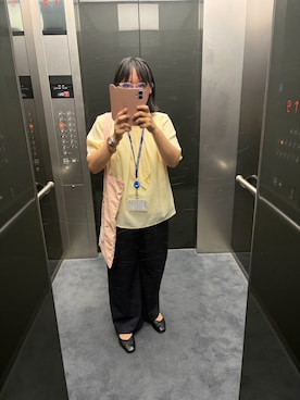 「洋服の青山のアイテム（シャツ/ブラウス、イエロー系）」を使った、かなちゃんさん（レディース・151cm）の夏コーディネート