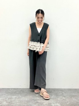 「HIMIKO（ヒミコ）の【HIMIKO】ソフトシープパデットサンダル/661211（サンダル、ベージュ系）」を使った、JUNNA さん（レディース・148cm）の夏コーディネート