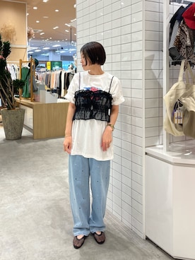 「CIAOPANIC TYPY（チャオパニックティピー）の【willow】デジタルフラワープリント半袖TEE（Tシャツ/カットソー、ホワイト系）」を使った、Natsukiさん（レディース・156cm）の夏コーディネート