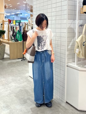 「CIAOPANIC TYPY（チャオパニックティピー）の【夏も快適/ドライタッチ】アソートフォトプリントフレンチスリーブTee（Tシャツ/カットソー、ホワイト系）」を使った、Natsukiさん（レディース・156cm）の夏コーディネート