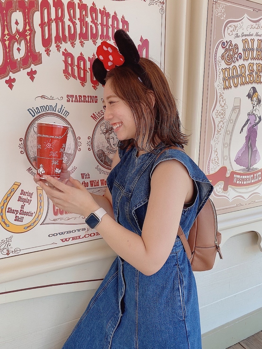 「低身長、低身長コーデ、ディズニーコーデ、ぽっちゃりコーデ」｜「MOUSSYのSLEEVELESS DENIM LONG ドレス（ワンピース、ブルー系）」を使った、ujnacocoさん（レディース・148cm）の夏コーディネートの1枚目の写真