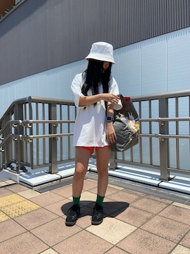 「大きいサイズレディースファッション」｜「アイテム（帽子）」を使った、ずなさん（レディース・152cm）の夏コーディネート