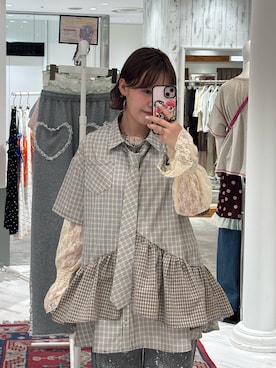 「CIAOPANIC（チャオパニック）の【長袖/半袖展開】ネクタイ付きティアードチュニックシャツワンピース（衬衫、ベージュ系）」を使った、ウタさん（レディース・158cm）の夏コーディネート