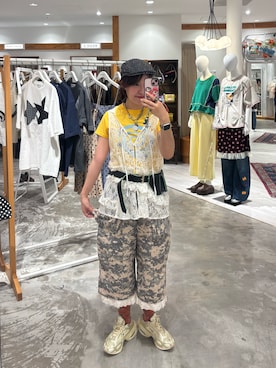 「CIAOPANIC（チャオパニック）のアソート柄コンパクトカラーTee（T恤/上装、イエロー系）」を使った、ウタさん（レディース・158cm）の夏コーディネート