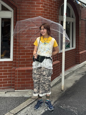 「CIAOPANIC（チャオパニック）のアソート柄コンパクトカラーTee（T恤/上装、イエロー系）」を使った、ウタさん（レディース・158cm）の夏コーディネート