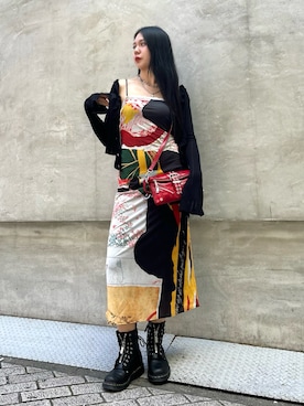 「Desigual（デシグアル）のニットストラップドレス（One piece dress、ブラック系）」を使った、Desigual心斎橋STAFFさん（レディース・163cm）の夏コーディネート
