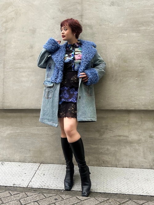 ファー×デニムワイドラペルハイブリッドコート（チェスターコート