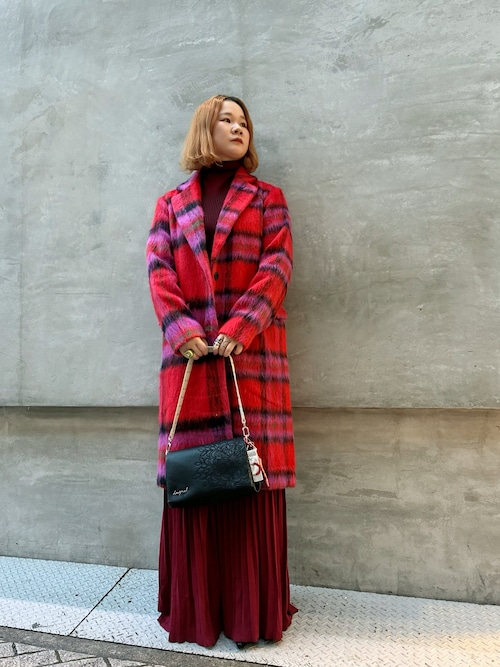 レッドタータンチェック Vネックロングウールコート 韓国風