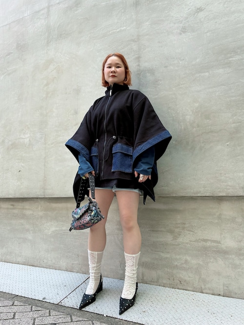 HOT】デニム×キルティング 調節ゴム ポケット付きポンチョ（ポンチョ