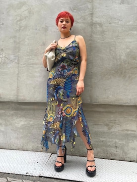「Desigual（デシグアル）のLacroixコラボ海中グラフィックハンカチヘムキャミドレス（One piece dress、ブラック系）」を使った、Desigual心斎橋STAFFさん（レディース・163cm）の夏コーディネート