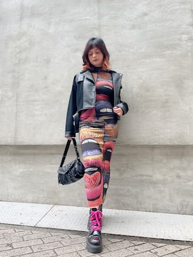 「アイテム（ライダースジャケット）」を使った、Desigual心斎橋STAFFさん（レディース・158cm）の冬コーディネート