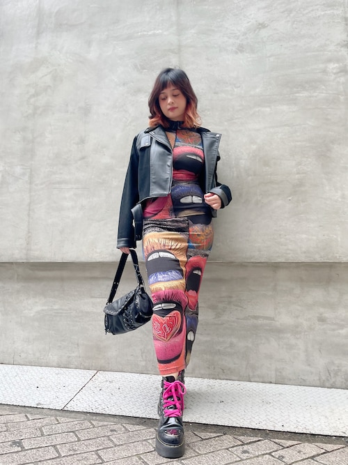 セール】グランジロック ニット切り替え レザー風バイカージャケット