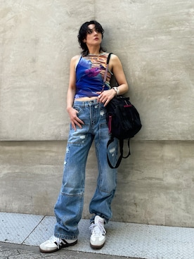 「Desigual（デシグアル）のダメージ デニム パンツ / ストレートカット（Denim pants、ブルー系）」を使った、Desigual心斎橋STAFFさん（レディース・163cm）の夏コーディネート