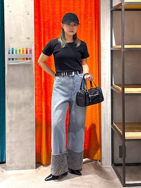 「PAGEBOY（ページボーイ）の【2WAY仕様】スタッズミニボストンバッグ（ショルダーバッグ、ブラック系）」を使った、Sakiさん（レディース・156cm）の夏コーディネート