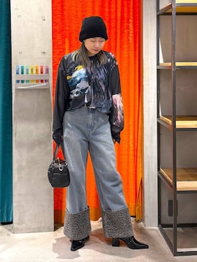「PAGEBOY（ページボーイ）の【2WAY仕様】スタッズミニボストンバッグ（ショルダーバッグ、ブラック系）」を使った、Sakiさん（レディース・156cm）の夏コーディネート