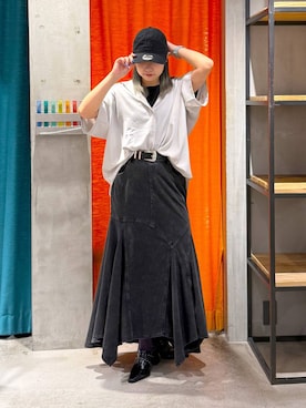 「PAGEBOY（ページボーイ）のモードバックルベルト3（ベルト、ブラック系）」を使った、Sakiさん（レディース・156cm）の夏コーディネート