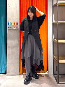 「PAGEBOY（ページボーイ）のレースアップソックスブーツ（ブーツ、ブラック系）」を使った、Sakiさん（レディース・156cm）の春コーディネート