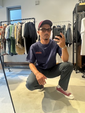 「ROTAR（ローター）のTHE STINKER  Trucker CAP（キャップ、レッド系）」を使った、Yusukeさん（メンズ・170cm）の夏コーディネート