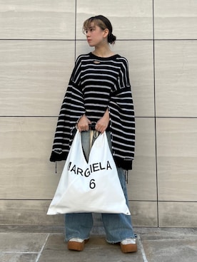 「MM6 Maison Margiela（ｴﾑｴﾑｼｯｸｽ ﾒｿﾞﾝ ﾏﾙｼﾞｪﾗ）のアイテム（ニット/セーター、ブラック系）」を使った、じゅりさん（レディース・148cm）の春コーディネート