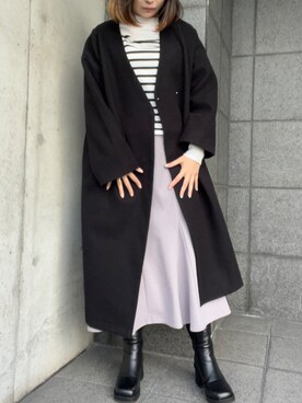 「ボーダー」｜「アイテム（ノーカラーコート）」を使った、iさん（レディース・162cm）の冬コーディネート