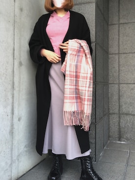 「Vネック」｜「アイテム（ノーカラーコート）」を使った、iさん（レディース・162cm）の冬コーディネート