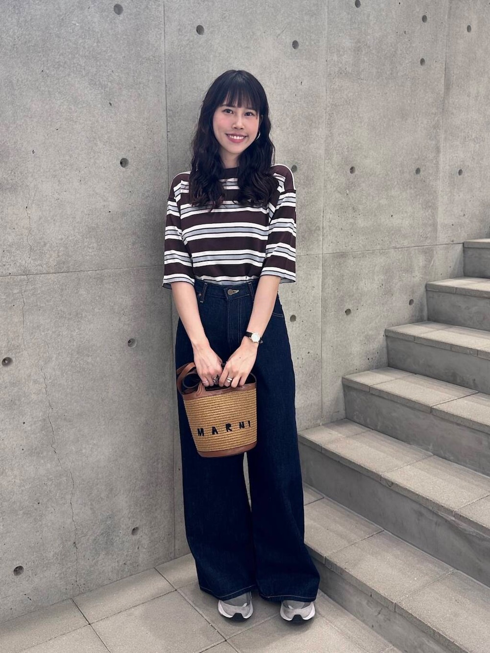 「アーバンリサーチ、lee、大人カジュアル、デニム、ニット、URBANRESEARCH、ボーダー、newbalance、高身長コーデ、オリジナル、春カラーコーデ、urbanresearchkyoto」｜「Leeの『別注』Lee101×URBAN RESEARCH　BAGGYPANTS（デニムパンツ、ブルー系）」を使った、茜Akane🍧さん（レディース・165cm）の夏コーディネートの1枚目の写真