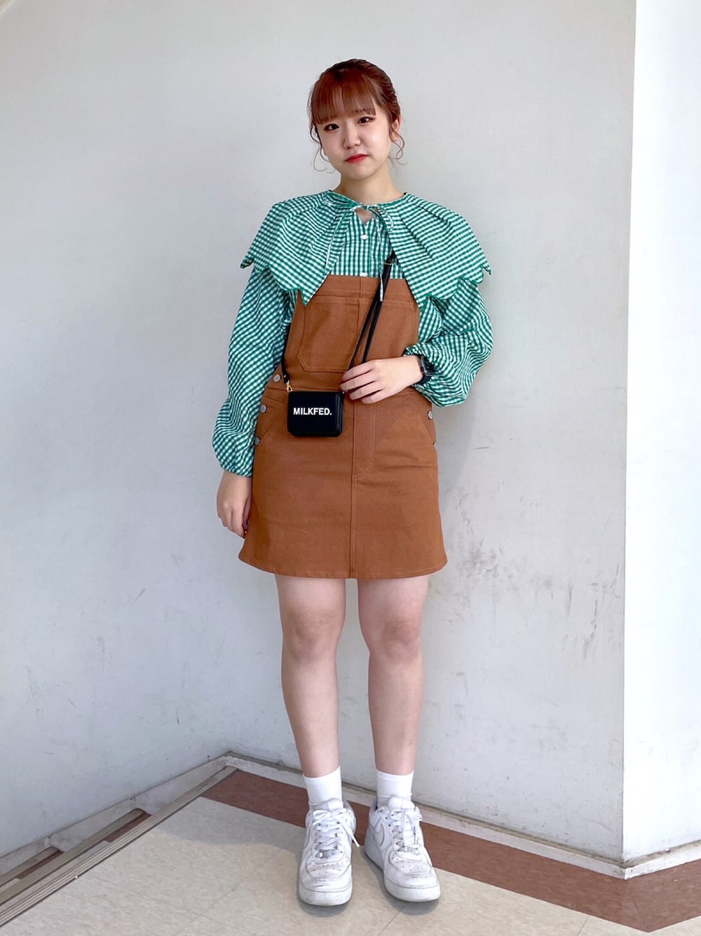 「春コーデ、おしゃれさんと繋がりたい、MILKFED.、ミルクフェド、159cm、私の推しブランド、カラーコーデ、韓国ファッション、休日スタイル、きれいめカジュアル」｜「MILKFED.のGINGHAM BIG COLLAR BLOUSE（シャツ/ブラウス、グリーン系）」を使った、ゆんさん（レディース・159cm）の冬コーディネートの1枚目の写真