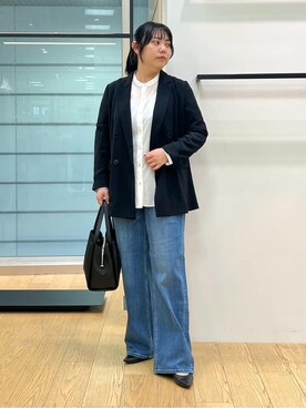 「INDIVI（インディヴィ）の【洗える／多機能／SETUP可】着る日傘ダブルジャケット（テーラードジャケット、ブラック系）」を使った、shimaさん（レディース・156cm）の春コーディネート