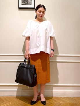 「ROPE'（ロペ）の【エディター三尋木奈保さんコラボ】前後2WAY華やぎバルーンスリーブブラウス【雑誌掲載】（シャツ/ブラウス）」を使った、TOMさん（レディース・168cm）の夏コーディネート