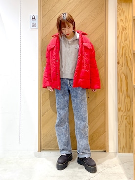 「アイテム（その他アウター、レッド系）」を使った、mikuさん（レディース・162cm）の冬コーディネート