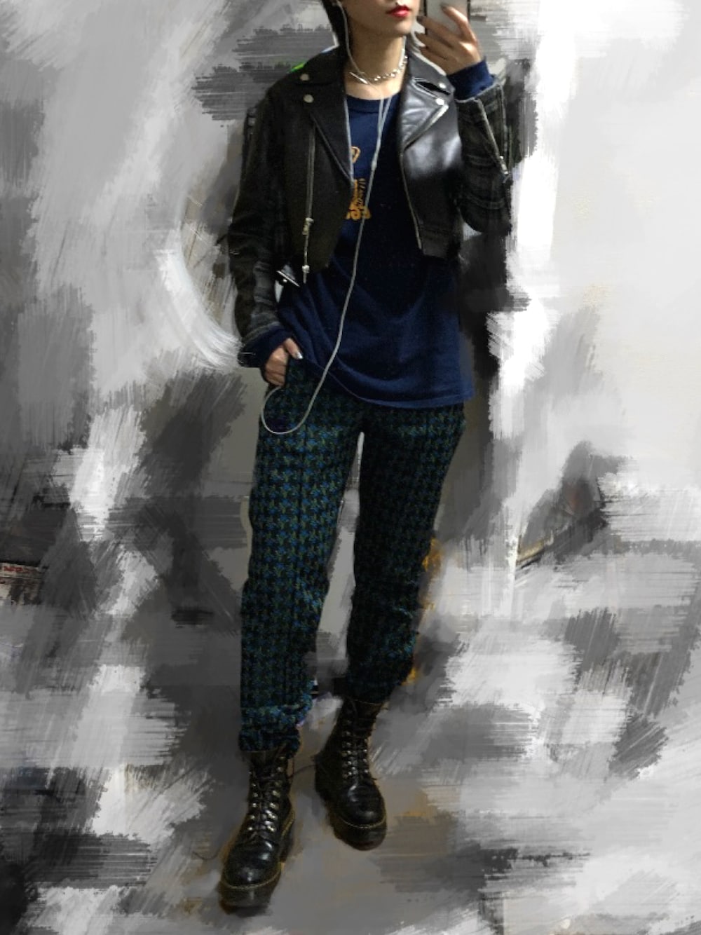 「Dr.Martens、HARE、NEEDLES、STUDIOUS、トラックパンツ、パンク、ロック、eggbrain」｜「HAREのアイテム（ジャケット/アウター、ブラック系）」を使った、そうさん（レディース・172cm）の冬コーディネートの1枚目の写真