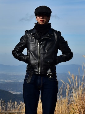 「ハンチング」｜「アイテム（ライダースジャケット）」を使った、もりんぷさん（メンズ・175cm）の冬コーディネート