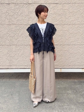 「アイテム（シャツ/ブラウス、ブルー系）」を使った、久米さん（レディース・153cm）の春コーディネート