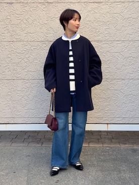 「アイテム（ノーカラーコート）」を使った、久米さん（レディース・153cm）の秋コーディネート