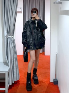 「ミニスカート」｜「アイテム（ライダースジャケット）」を使った、ﾕｷﾉさん（レディース・158cm）の秋コーディネート