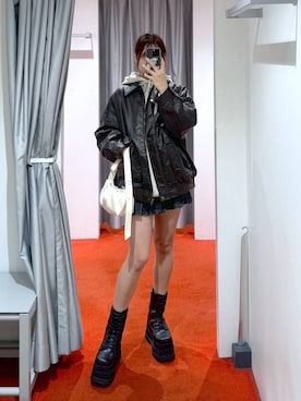 「ミニスカート」｜「アイテム（ライダースジャケット）」を使った、ﾕｷﾉさん（レディース・158cm）の秋コーディネート