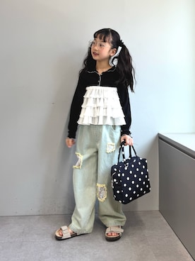 「CIAOPANIC TYPY（チャオパニックティピー）の【KIDS】シアーワッフルフードロンTEE《ジュニアサイズあり》（Tシャツ/カットソー、ブラック系）」を使った、おひなさん（キッズ・130cm）の春コーディネート