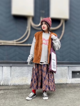 「アイテム（エコバッグ/サブバッグ、パープル系）」を使った、あり子さん（レディース・148cm）の冬コーディネート