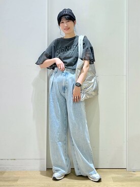 「LAKOLE（ラコレ）の袖メッシュアソートロゴT / 143177（Tシャツ/カットソー）」を使った、ハラミさん（レディース・167cm）の夏コーディネート