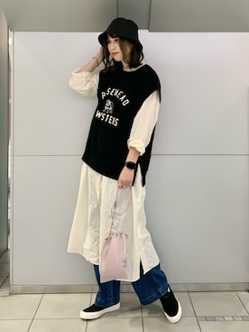 「ニコアンド」｜「アイテム（シャツワンピース）」を使った、ハラミさん（レディース・167cm）の秋コーディネート