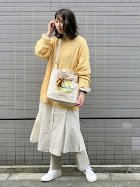 「ケーブルニット」｜「アイテム（シャツワンピース）」を使った、ハラミさん（レディース・167cm）の秋コーディネート