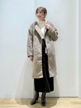 「コーデュロイ」｜「アイテム（ノーカラーコート）」を使った、ハラミさん（レディース・167cm）の冬コーディネート