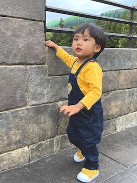 「PETIT BATEAU（プチバトー）のアイテム（オールインワン・サロペット）」を使った、sakuさん（キッズ・90cm）の冬コーディネート