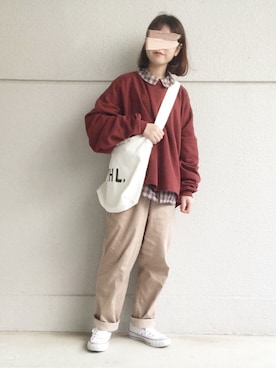 「チェック柄に恋してる」｜「アイテム（チノパンツ）」を使った、めめさん（レディース・155cm）の冬コーディネート